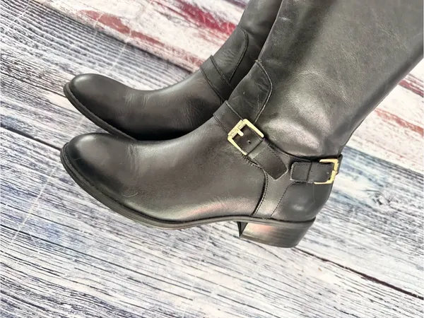 Lauren Ralph Lauren Black Leather Knee-High Riding Boots with Buckle Detail - Image 4