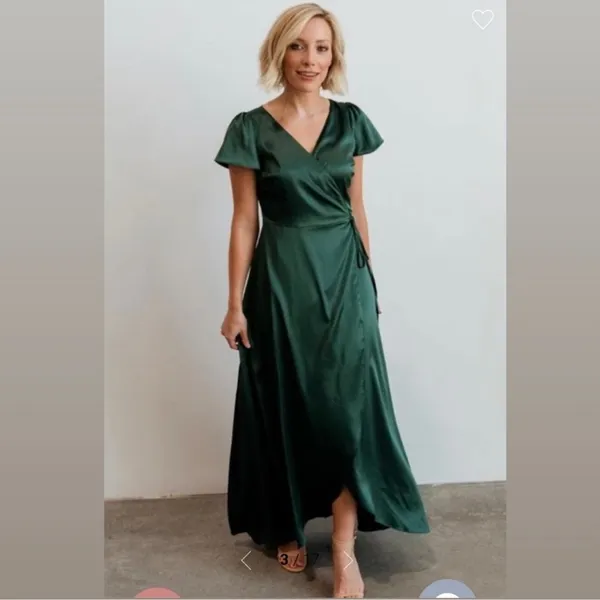 💚 Baltic Born Green Satin Flutter‎ Sleeve Wrap Maxi Dress M 💚 - Image 2