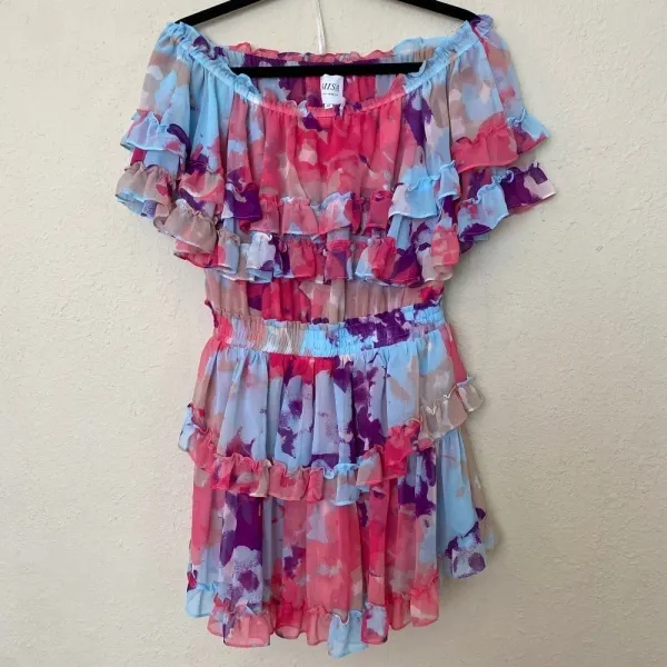 MISA Los Angeles Isella‎ Ruffled Floral Mini Dress pink blue size M - Image 4