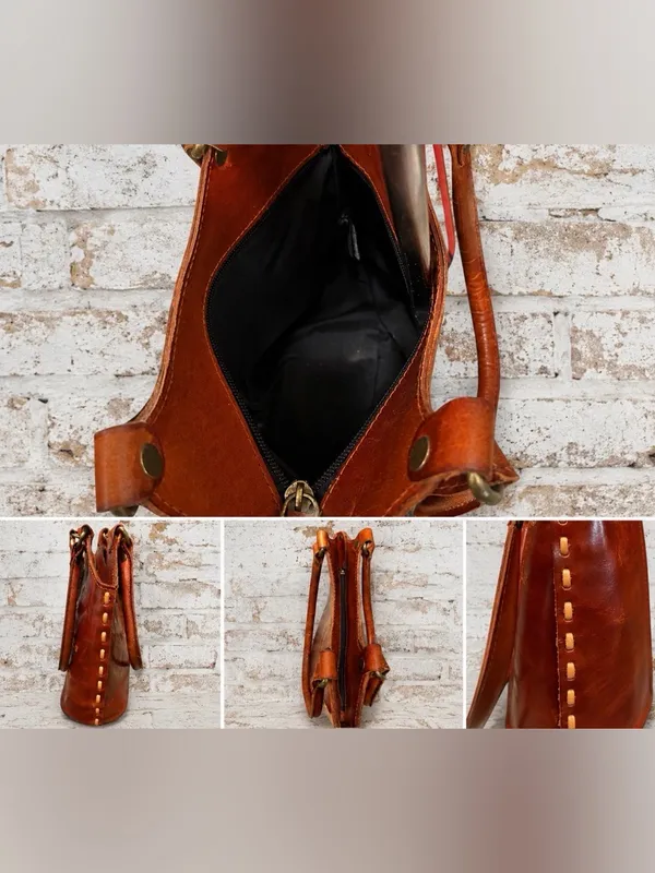 NWOT- Vintage Genuine Tooled Leather Whipstitched Mini Tote Bag Cognac - Image 3