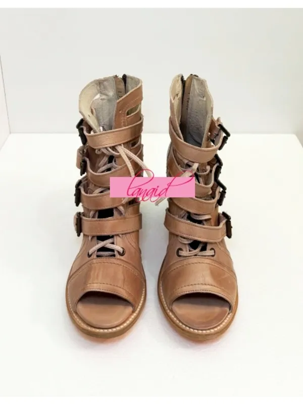 Freebird Braeden Blush Leather Tan Distressed Edgy Buckles Low Heel Sandals 10 - Image 8