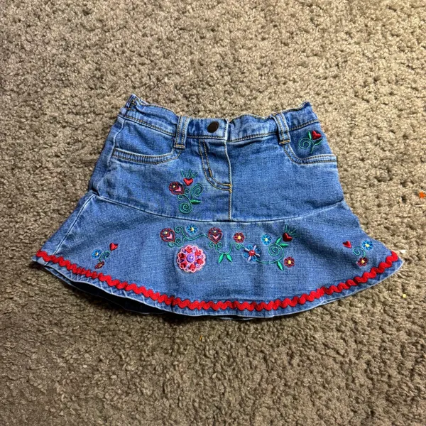 Kidskorner Baby Girls Embroidered Denim‎ Skirt Floral Ric Rac Blue 24M - Image 2