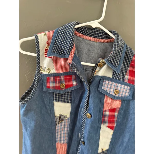 Vintage Patchwork Denim Vest Blue Red Plaid Floral Star Button Cottagecore Top - Image 2