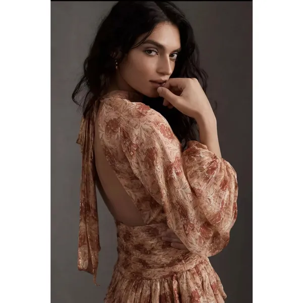 Anthropologie Ella Dress Sz 14 Floral Mini Tiered Ruffle Balloon Sleeve Gold - Image 3