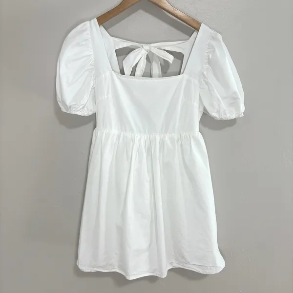 Forever 21 Dress White Puff Sleeve Tie Back Babydoll Mini Dress Cottagecore S - Image 6