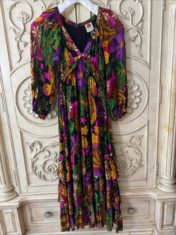FARM Rio Star Fruit Floral Tiered Maxi Dress in Purple, Green & Yellow Sz Small - Image 5