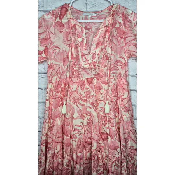 OLIVACEOUS Pink Tropical Toile Floral Tiered Mini Dress Cotton Tassel Boho Med. - Image 3