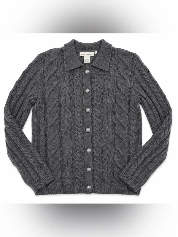 Ann Taylor Womens S 100% Wool Cable Knit Cardigan Sweater Gray Vintage 80/90’s - Image 3