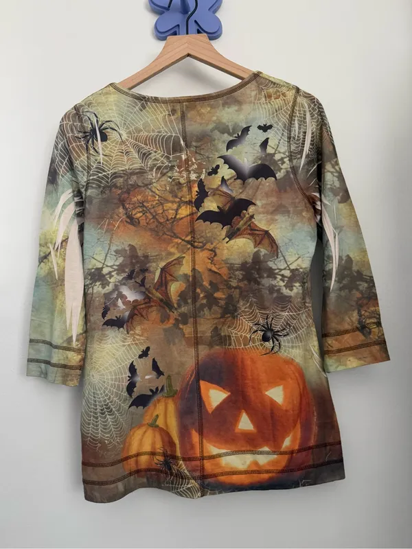 Small 90s Y2K Halloween Print V Neck 3/4 Sleeve Tee Bats Spiders Pumpkin Relaxed - Image 4