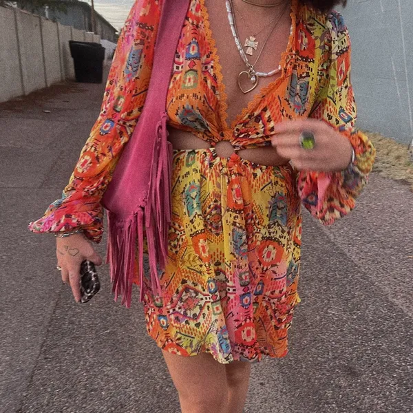 Plunge V-Neck Long Sleeve Cut Out Mini Dress Yellow Orange - Image 2