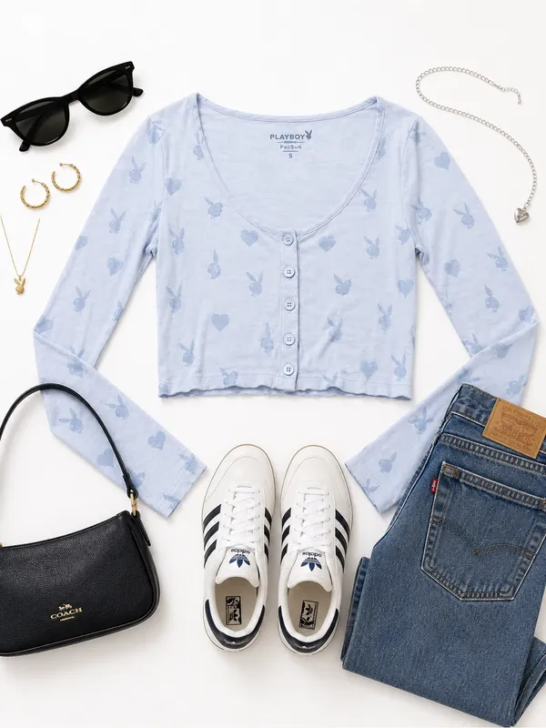 Playboy PacSun Y2K Bunny Heart Print Blue Cropped Cardigan Top Womens Small GUC - Image 13