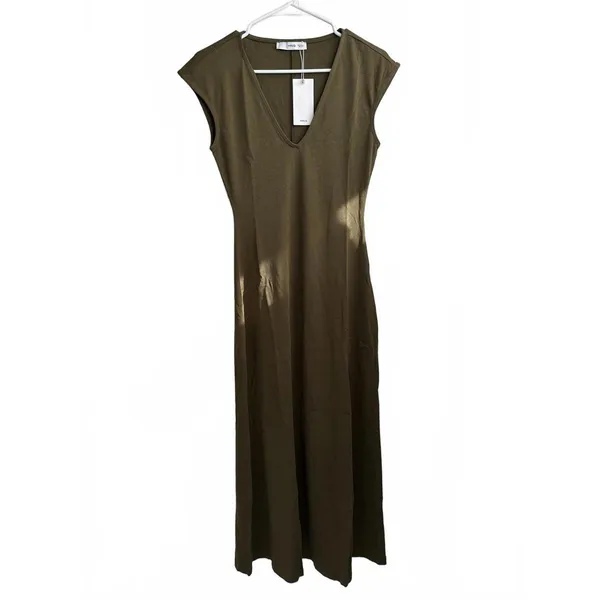 Mango V-Neck Cotton Dress Khaki Green NWT Size 2/XS - Image 4