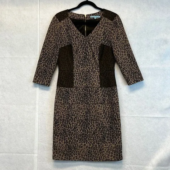 ANTONIO MELANI Dress Size 6 Black Brown‎ Sparkle Leopard Print 3/4 Sleeve V Neck - Image 2