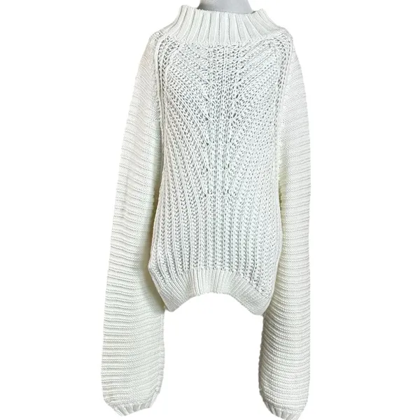 Free People Chunky Knit Sweetheart Mock Neck Sweater in Ivory White Large NWT - Image 8
