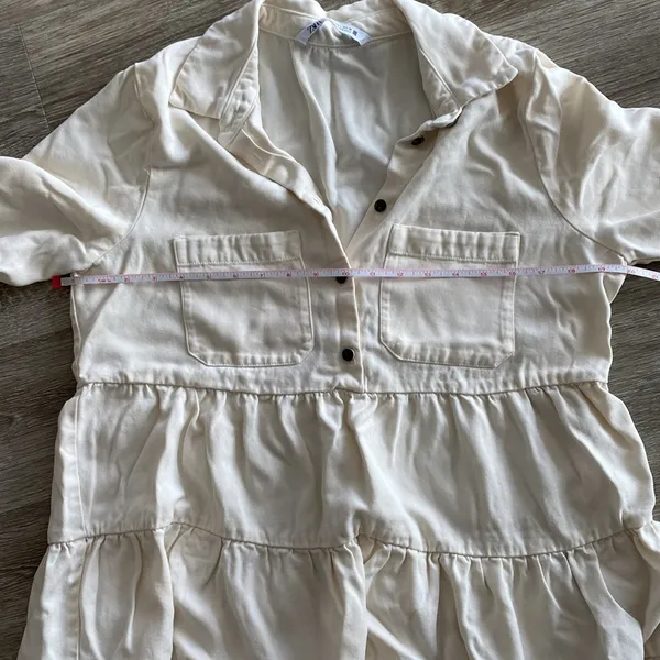 ZARA poplin long collared shirt dress tiered cream ivory ecru 3/4 sleeve large - Image 12
