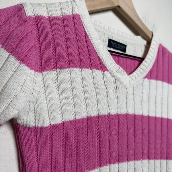VTG Y2K Faded Glory Women Preppy Sweater XS Pink White Striped Cable Knit - Image 3