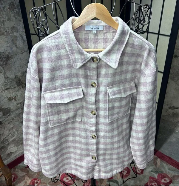 Moodie Lavender/Cream Gingham Shacket: Size MEDIUM Purple - Image 3