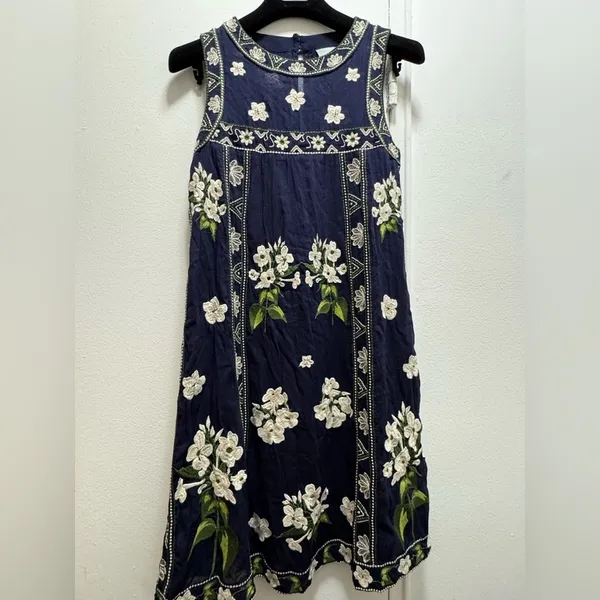Anthropologie Maeve Rosa Cotton Blue Embroidered Swing Dress - size 0 sold out! - Image 7