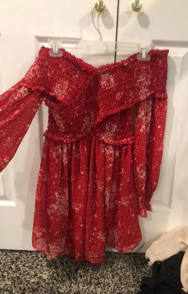 Long sleeve off the shoulder flower red dress - Image 2