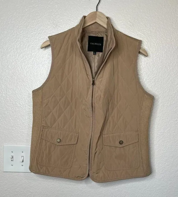 Talbots Womens Tan Quilted fisherman-core Zip-Up Front Pockets Sleeveless large - Image 2