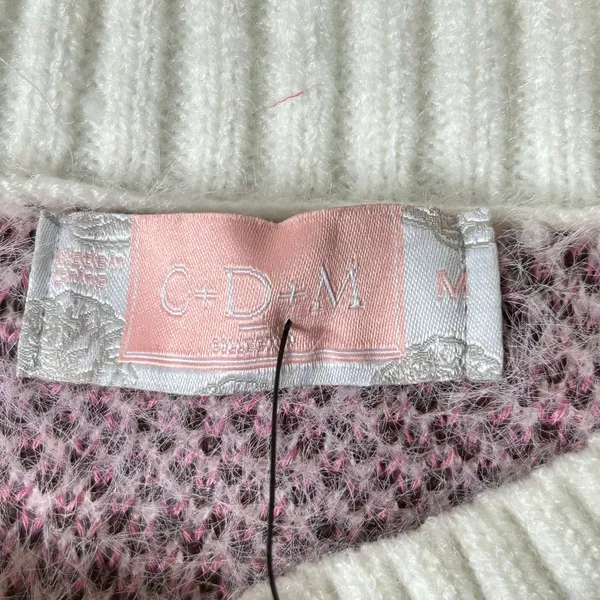Glitz‎ & Ears Sweater Womens M Pink Cream Fuzzy Leopard Heart Pearl Sweater NEW - Image 3