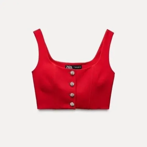 Zara Red Rhinestone Button Corset Crop Top Vest Size XS‎ Structured Boned NWOT - Image 2