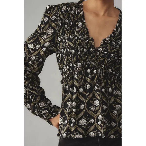 Anthropologie Ruched-Sleeve V-Neck Top S Romantic Floral Botanical Cottagecore - Image 3