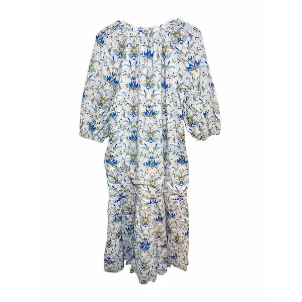 Tuckernuck Dress Womens M Blue White Floral Cotton Puff Sleeve Tiered Midi - Image 3
