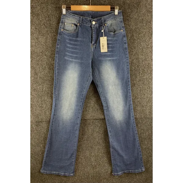 High Waisted Flare Jeans Medium Wash Distress Fade Womens Size S NEW - Image 2