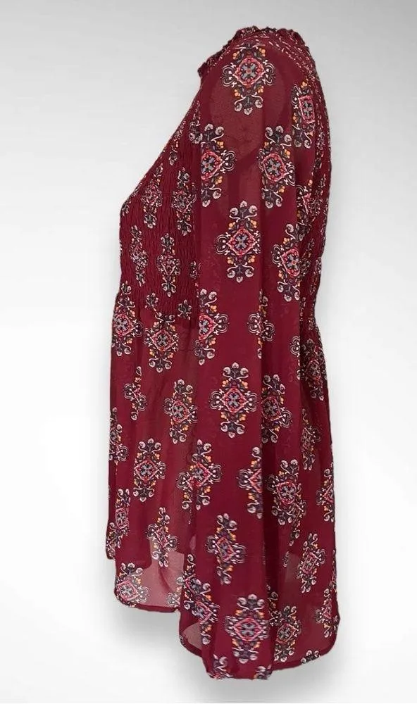 XHILARATION Women's Burgundy Floral Paisley Semi Sheer Smocked Tunic | EUC - Image 3