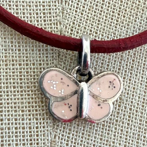 Coach Sterling Silver Pink Enamel Butterfly Necklace Red Leather Cord - Image 3