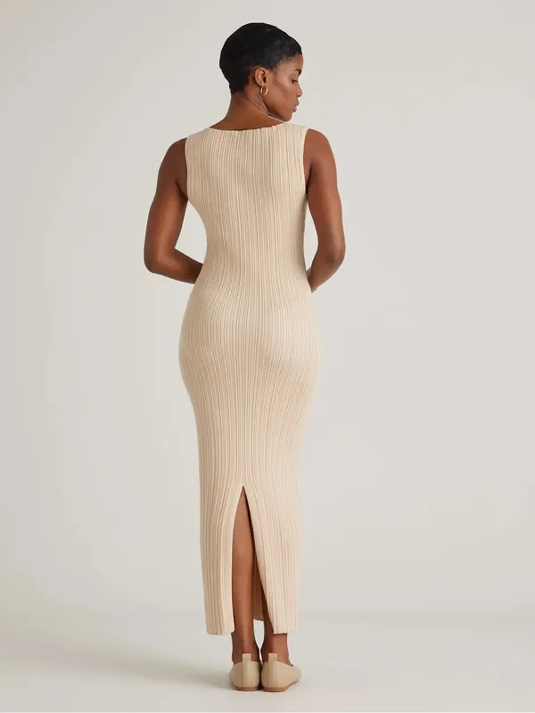 Quince Cotton Cashmere Ribbed Sleeveless Midi Dress Sz L Heather Oatmeal Summer - Image 7