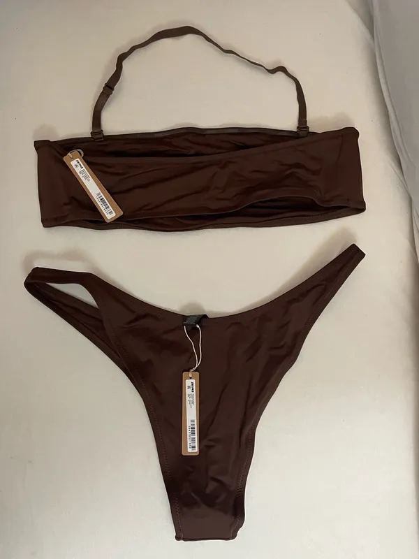 SKIMS 2Pc SET Bandeau Bikini Top & Cheeky Tanga Bottom Cocoa Brown Size XL - Image 7