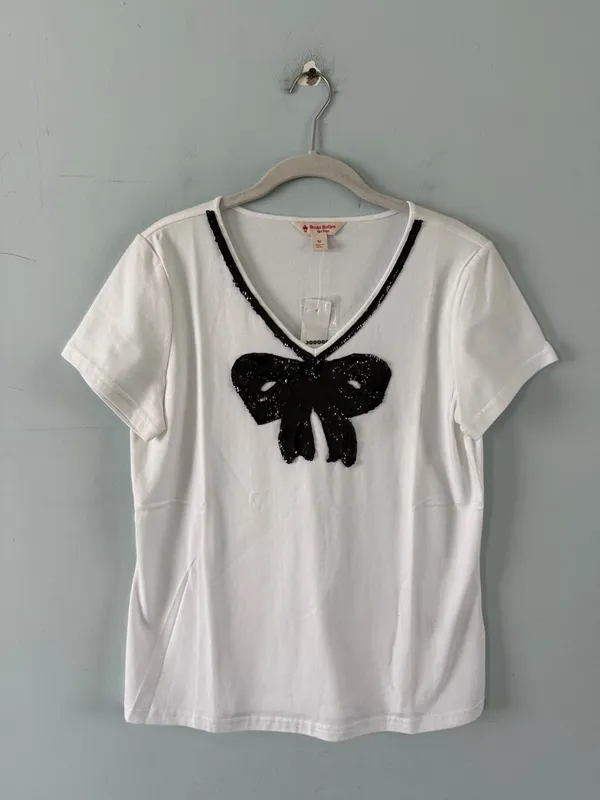 NWT Brooks Brothers Red Fleece White Black‎ Sequin Bow Short Sleeve Shirt - Image 2
