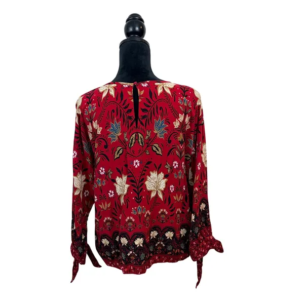 Loft Womens Red Floral Paisley Long Sleeve Tie Cuff Blouse Size M Bohemian - Image 3