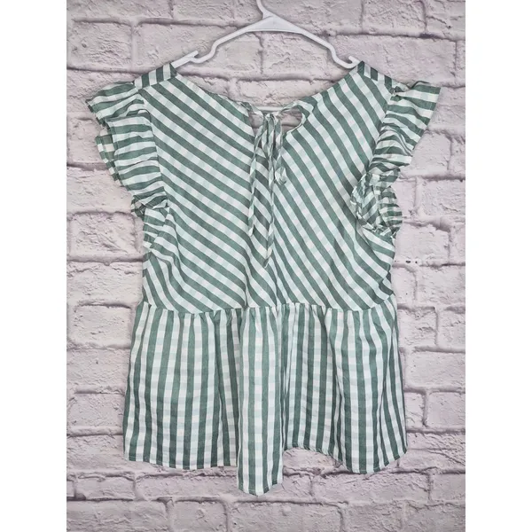 &merci Gingham Peplum Blouse Size L Green White Ruffle Cap Sleeve Tie Back Top - Image 4