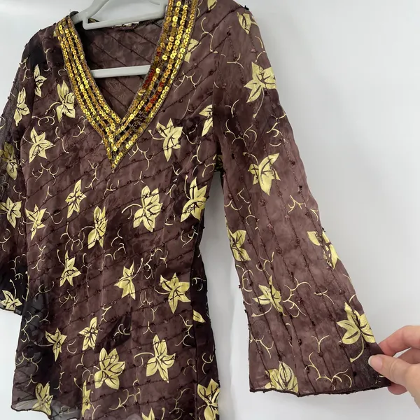Y2K Boho Sheer Sequin Top Sz M Stevie Nicks Festival Embroidered Brown Indie - Image 4