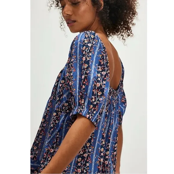 Free People Retro 70s Bohemian Vintage Lover Blouse Dutch Blue Combo Medium - Image 12