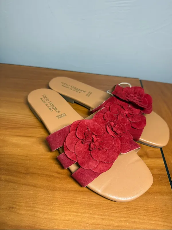 NWT Fabio‎ Maggenti Flat Sandal Slip On Red Leather Floral Made in Italy W9 - Image 3