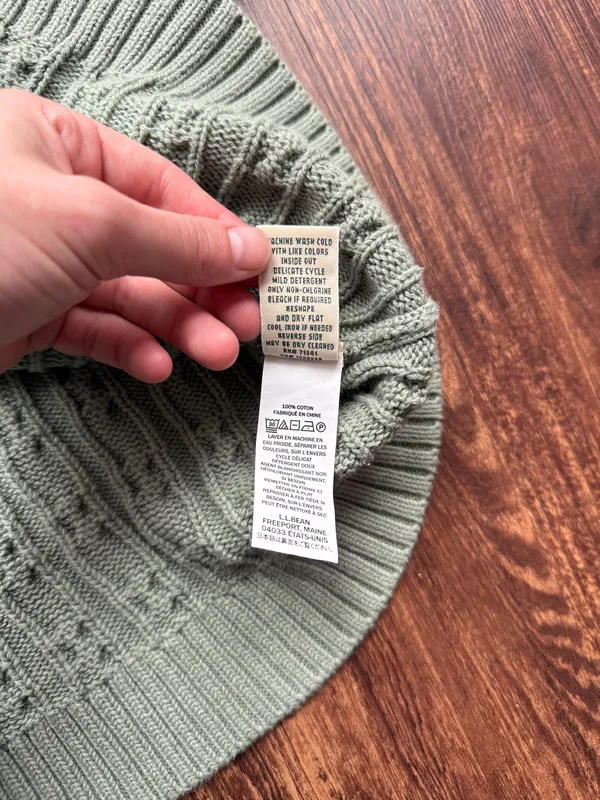 LL Bean Women’s M Sage Green Cotton Cable Knit Sweater Notch V-Neck Pullover - Image 7