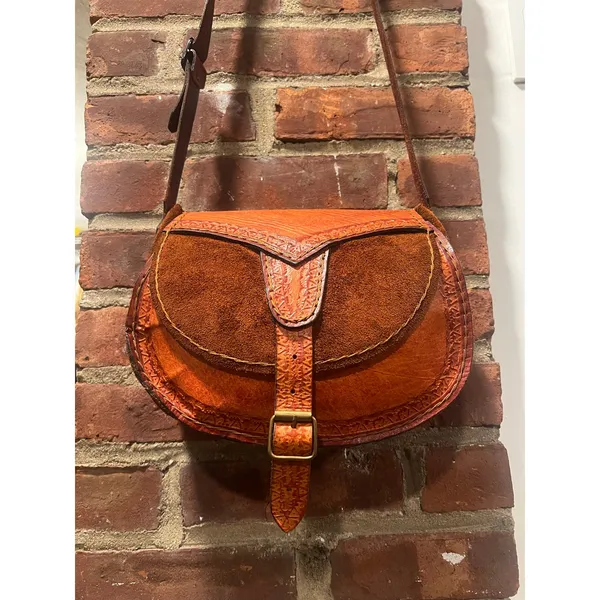 Vintage 70s Tooled Leather Suede Saddle Bag Western Crossbody Purse - Image 3