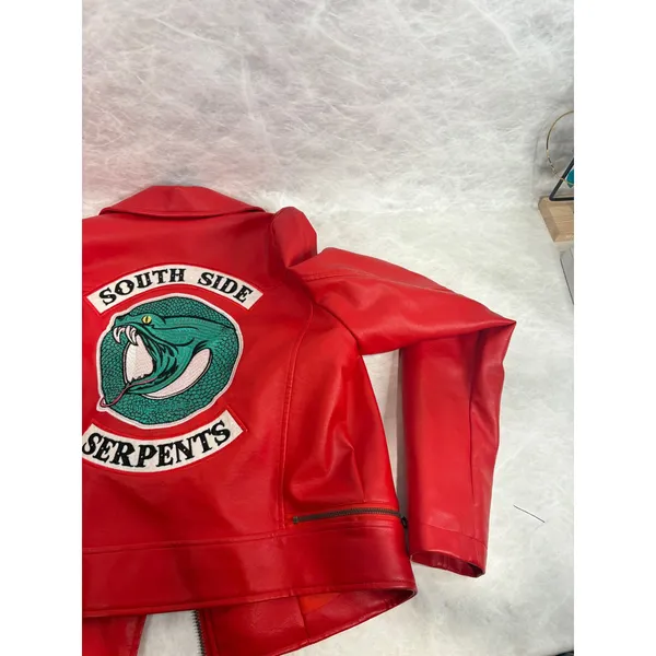 Riverdale South Side Serpents Red Faux Leather Moto Jacket Womens‎ Small - Image 11