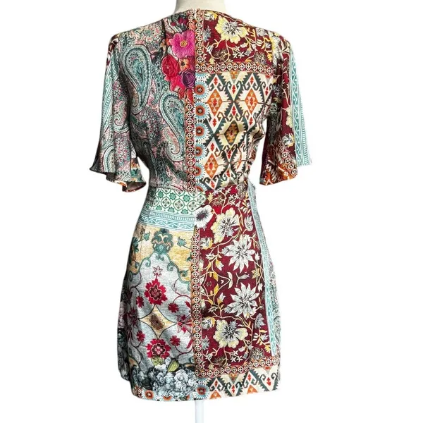 Zara Green Multi Color Pattern Patchwork Floral Mini Dress in Size Small - Image 3