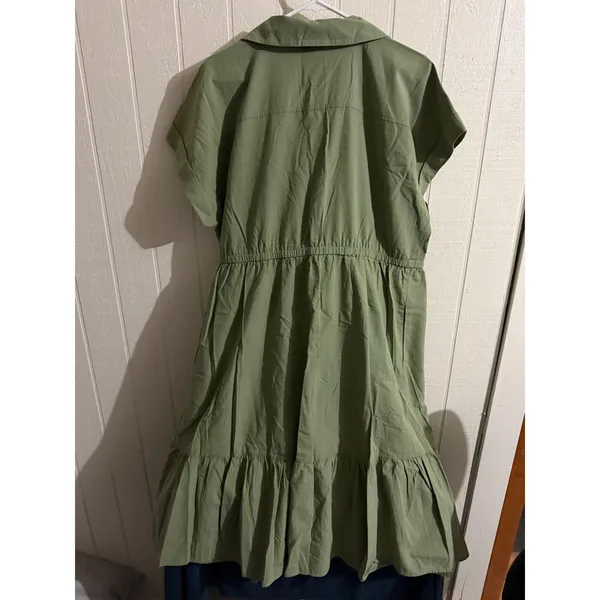 Ava & Viv Womens 1X Olive Green Short Sleeve Tiered Button Down Midi Shirtdress - Image 3