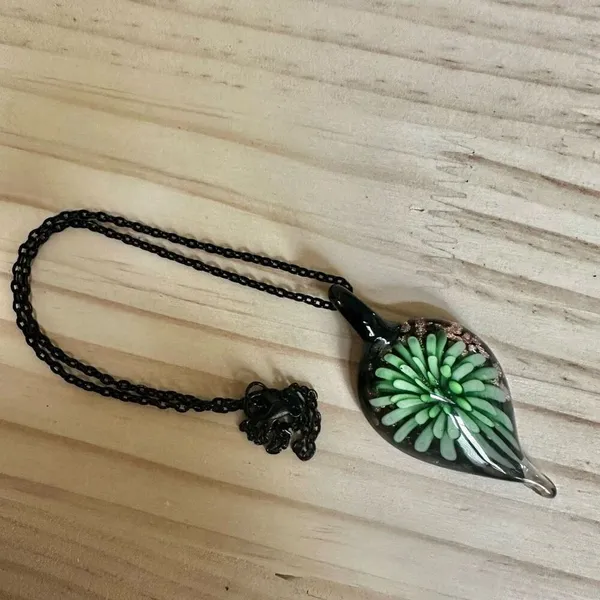 Green Glass Flower Pendant Necklace – Black Chain – Boho Art Glass - Image 6