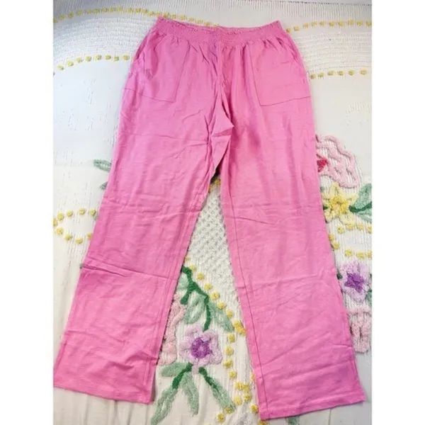 Candace Cameron Bure‎ Pink Smocked Waist Wide Leg Pants Cotton Linen Blend L - Image 2