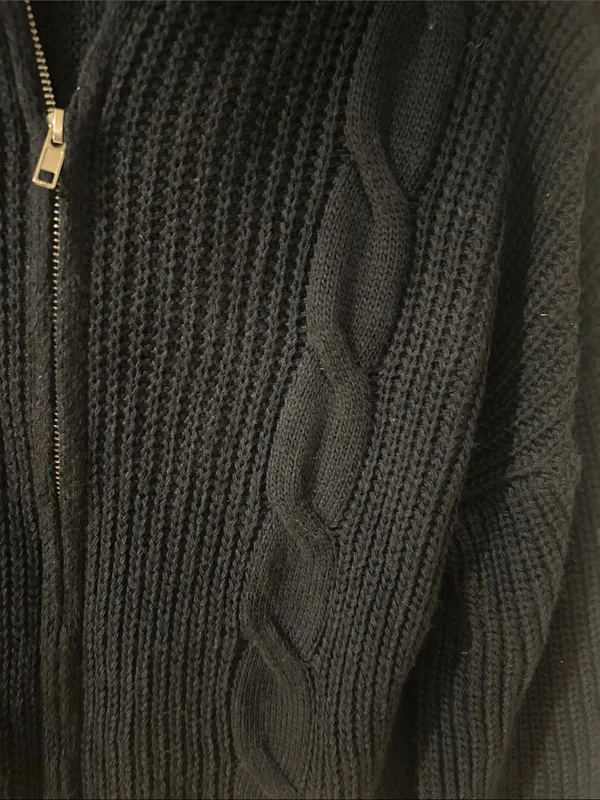SHEIN Black Cable Knit Zip-Up Hoodie Cardigan - Image 2