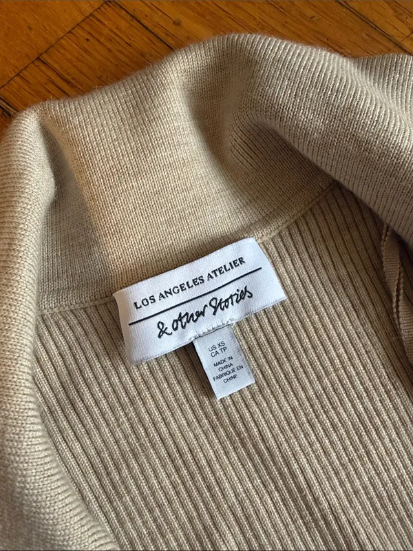 & Other Stories Wool Blend Long Fitted Ribbed Knit Collar Cardigan Beige XS - Image 4