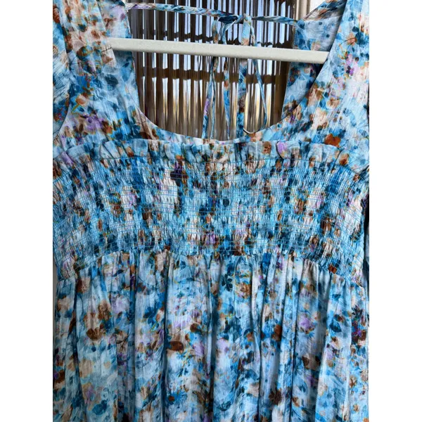 Anthropologie Floral Print Blue Midi Dress Puff‎ Sleeve Smocked Casual Size XS - Image 7