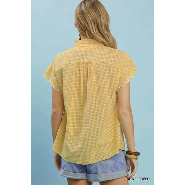 Umgee Embroidered Print‎ Scallop Sleeve Button Front Blouse - Sunflower - Small - Image 3